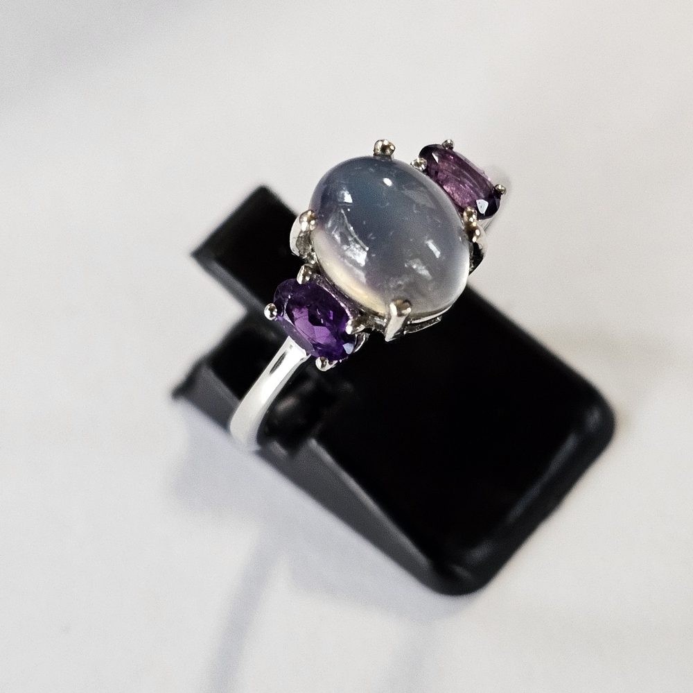 Aurora Moonstone & Amethyst Ring Platinum over Sterling Silver Sz 8! 💫 - Picture 3 of 7